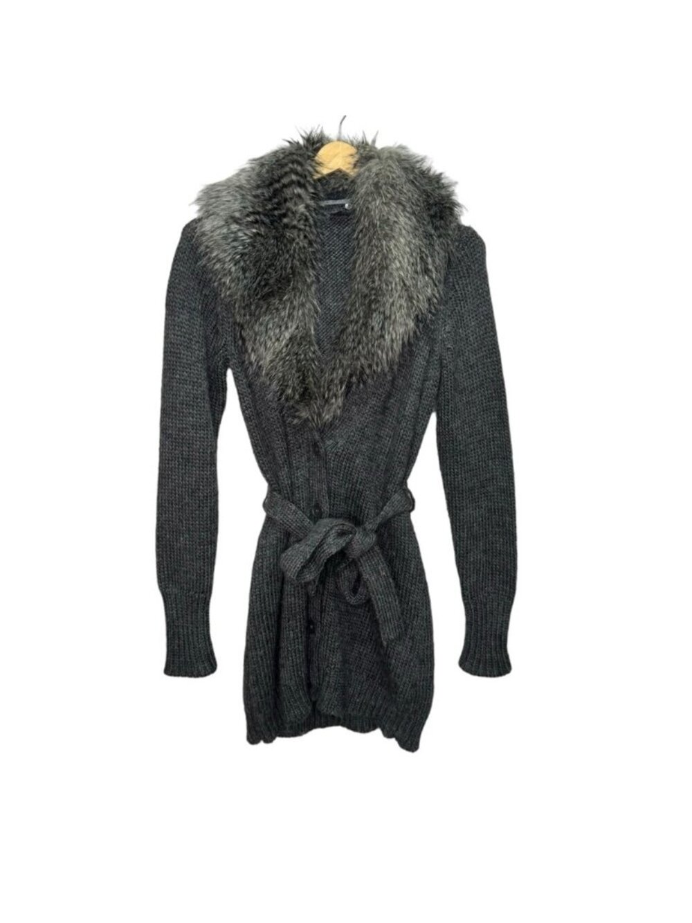 Esprit Faux Fur Collar Wrap Grey Knit Cardigan Belted Size Small